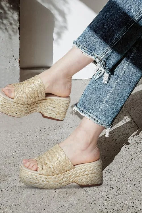 Ancomafio Platform Espadrille Sandals for Women，Raffia Sandals Platform Slip on Wedges Slides Bohemia Sandals Flatform Open Toe Beach Sandals Outdoor Size 7.5 Apricot