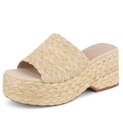 Ancomafio Platform Espadrille Sandals for Women，Raffia Sandals Platform Slip on Wedges Slides Bohemia Sandals Flatform Open Toe Beach Sandals Outdoor Size 7.5 Apricot