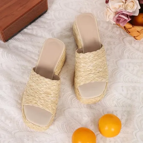 Ancomafio Platform Espadrille Sandals for Women，Raffia Sandals Platform Slip on Wedges Slides Bohemia Sandals Flatform Open Toe Beach Sandals Outdoor Size 7.5 Apricot