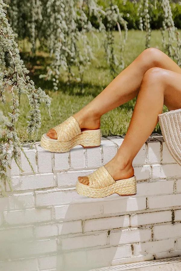 Ancomafio Platform Espadrille Sandals for Women，Raffia Sandals Platform Slip on Wedges Slides Bohemia Sandals Flatform Open Toe Beach Sandals Outdoor Size 7.5 Apricot