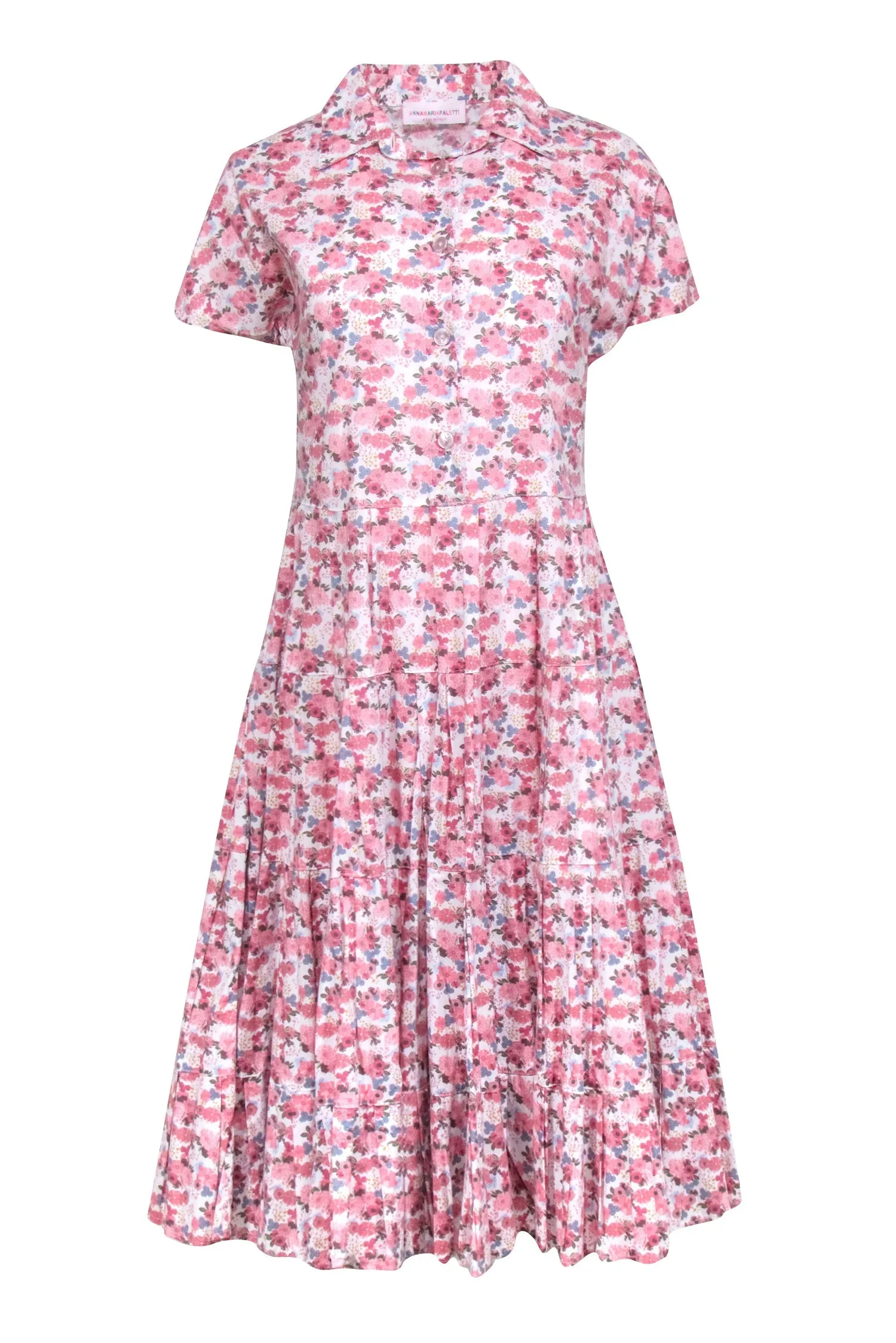 Anna Maria Paletti - Ivory w/ Pink Floral Print Pleated Midi Dress Sz M