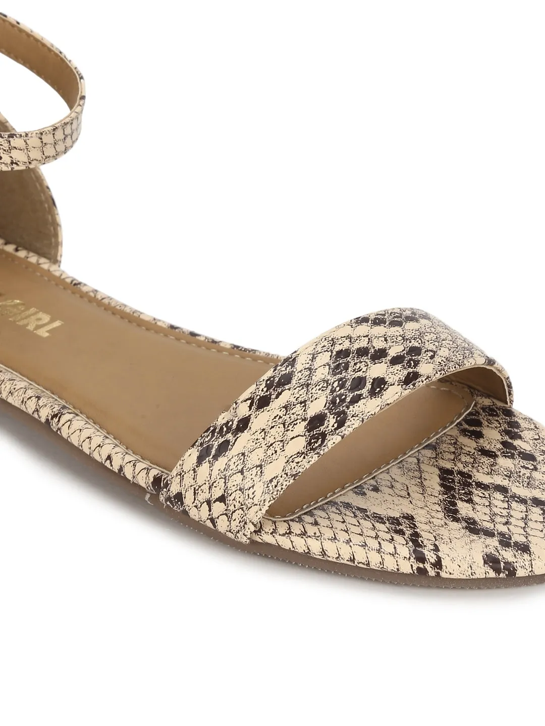 Beige Snake PU Buckled Flat Sandals