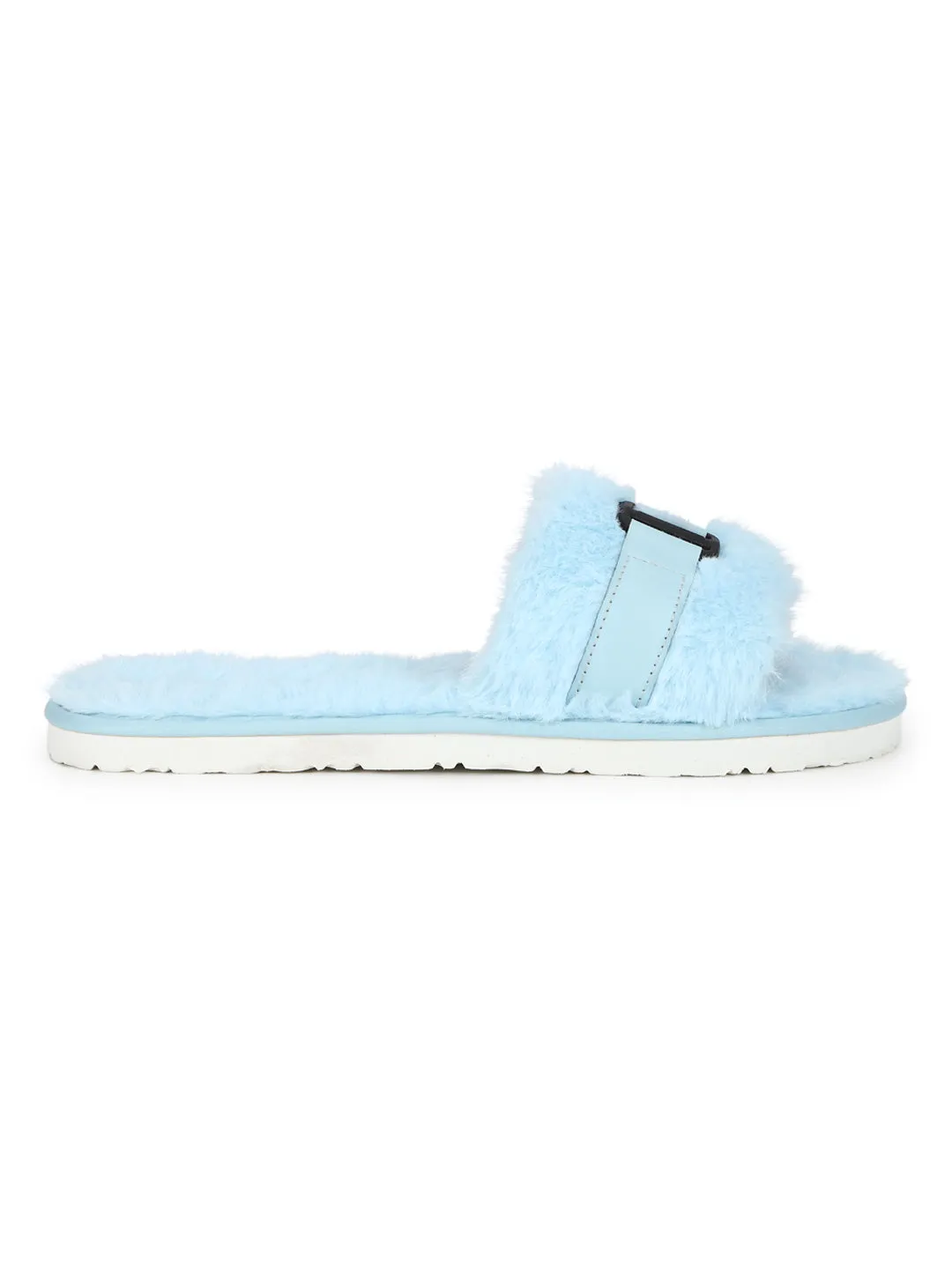 Blue Fuzzy Fur Slip Ons With Buckle (TC-ST-1167-BLU)