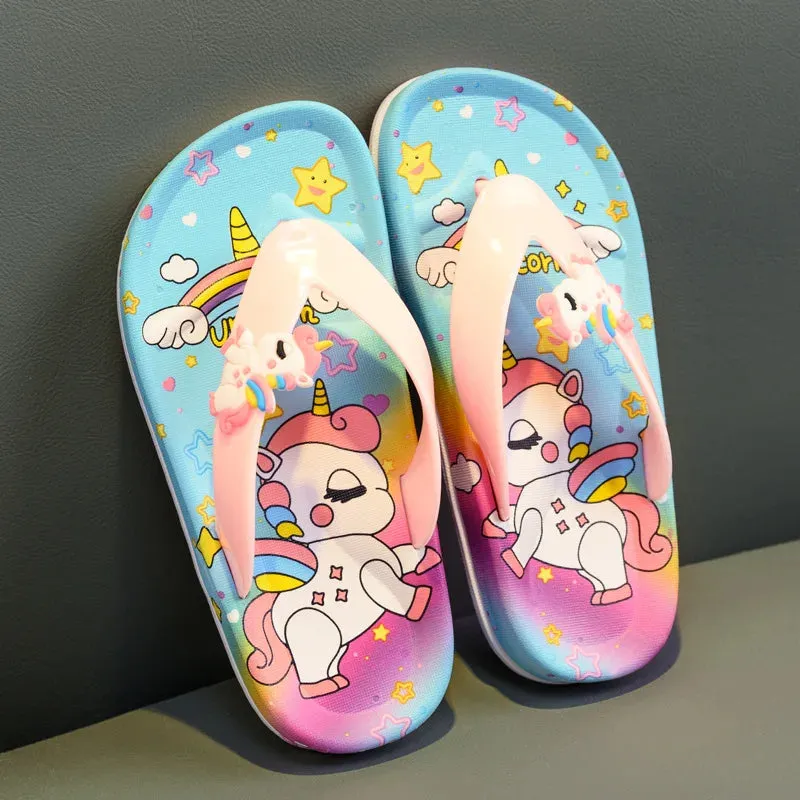 Cute Unicorn Flip-flops Girls 2022 Summer Indoor Home Bath Non-slip Sandals Children Princess Clip-on Flat Beach Shoes Slippers