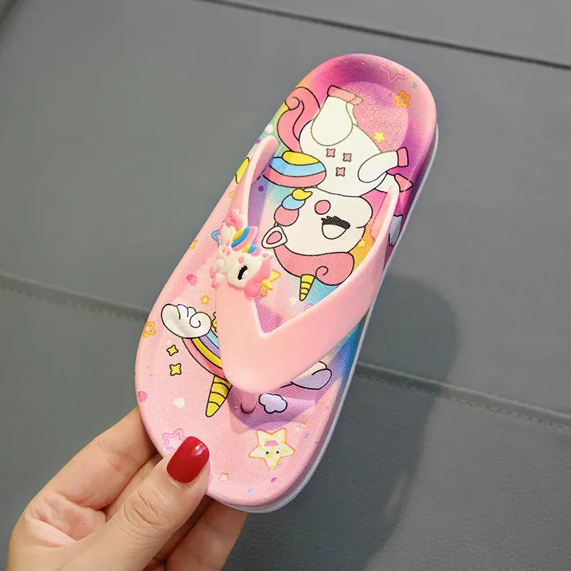 Cute Unicorn Flip-flops Girls 2022 Summer Indoor Home Bath Non-slip Sandals Children Princess Clip-on Flat Beach Shoes Slippers