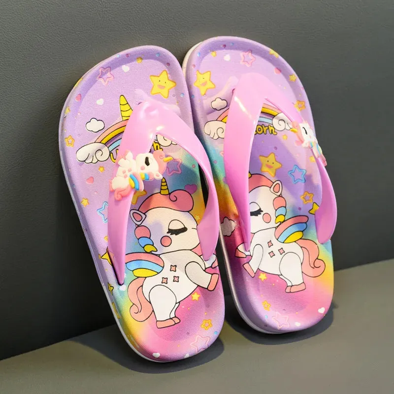 Cute Unicorn Flip-flops Girls 2022 Summer Indoor Home Bath Non-slip Sandals Children Princess Clip-on Flat Beach Shoes Slippers