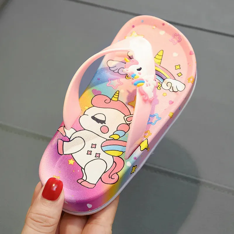 Cute Unicorn Flip-flops Girls 2022 Summer Indoor Home Bath Non-slip Sandals Children Princess Clip-on Flat Beach Shoes Slippers