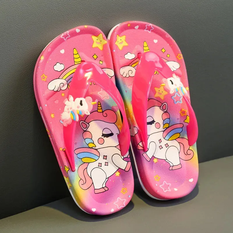 Cute Unicorn Flip-flops Girls 2022 Summer Indoor Home Bath Non-slip Sandals Children Princess Clip-on Flat Beach Shoes Slippers