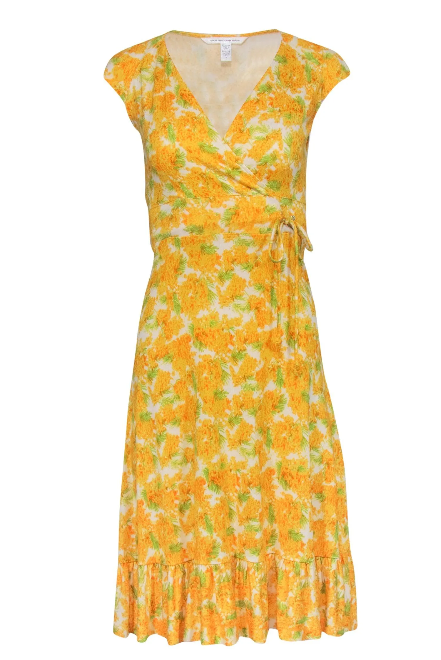 Diane von Furstenberg - Yellow Floral Print Silk Faux Wrap Dress Sz 2