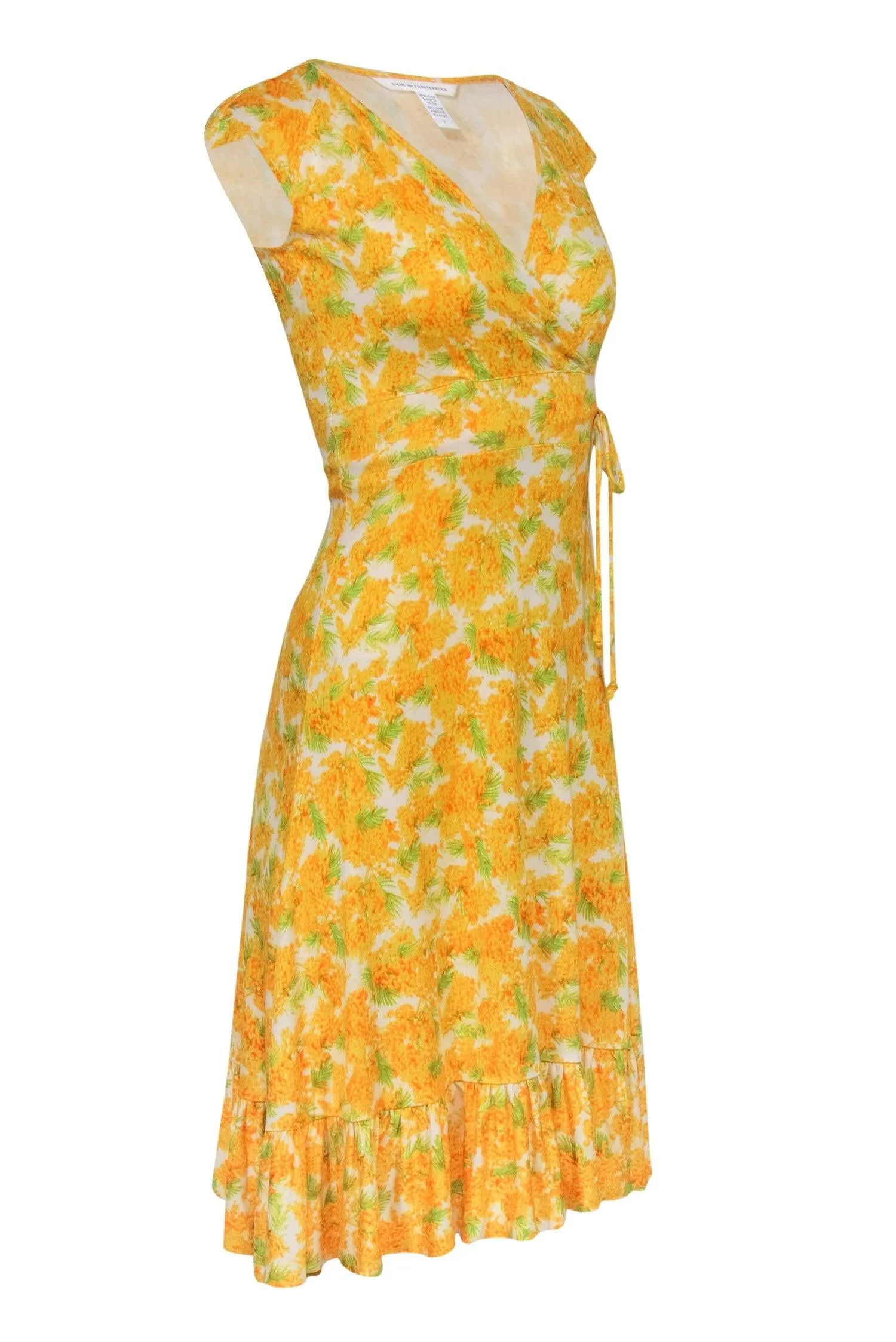 Diane von Furstenberg - Yellow Floral Print Silk Faux Wrap Dress Sz 2