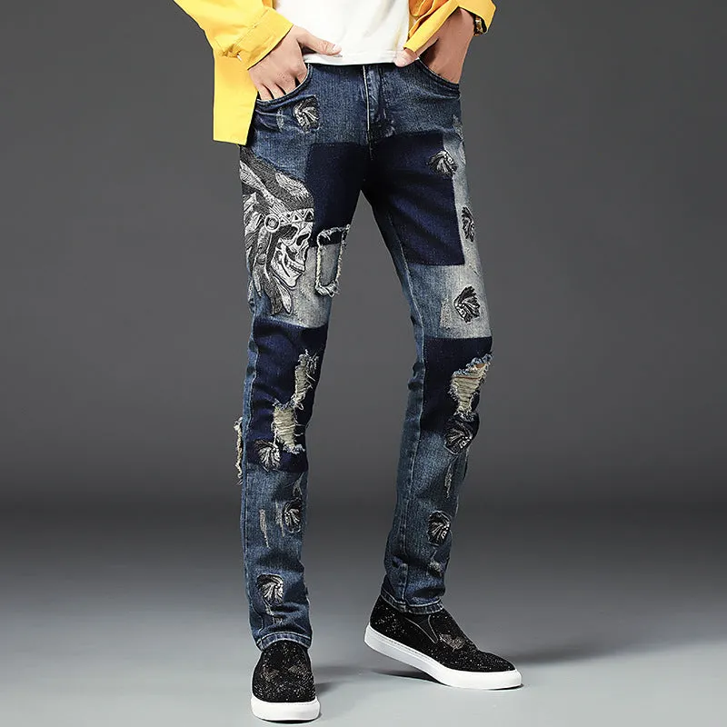 Elasticity Embroidery Men's Ripped Jeans Mid Waist Pencil Pants