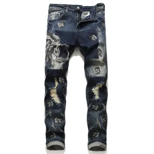 Elasticity Embroidery Men's Ripped Jeans Mid Waist Pencil Pants