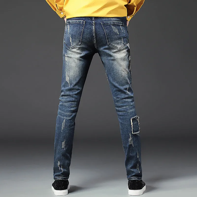 Elasticity Embroidery Men's Ripped Jeans Mid Waist Pencil Pants