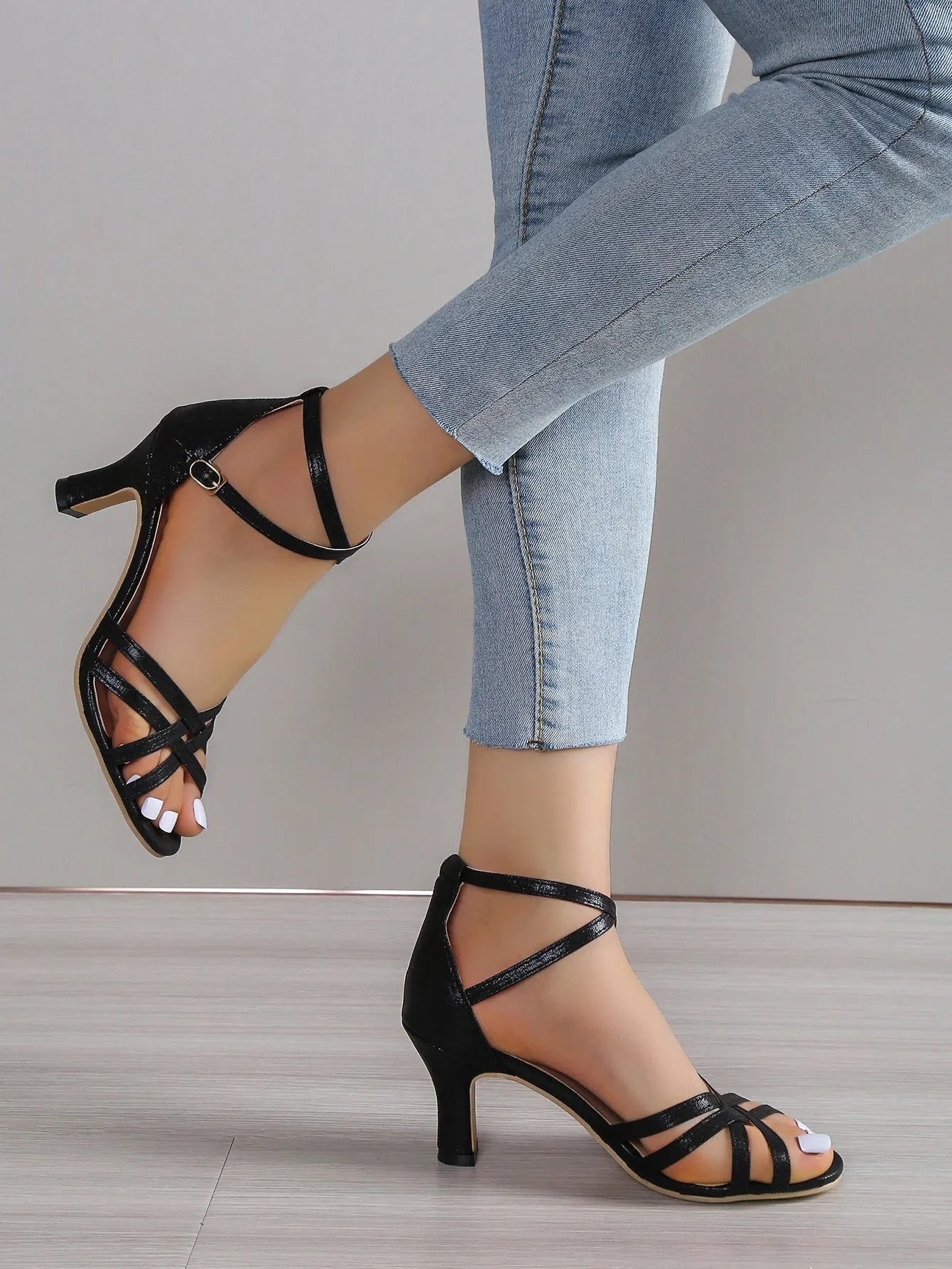 elveswallet Black Strappy Stiletto Peep Toe Sandals