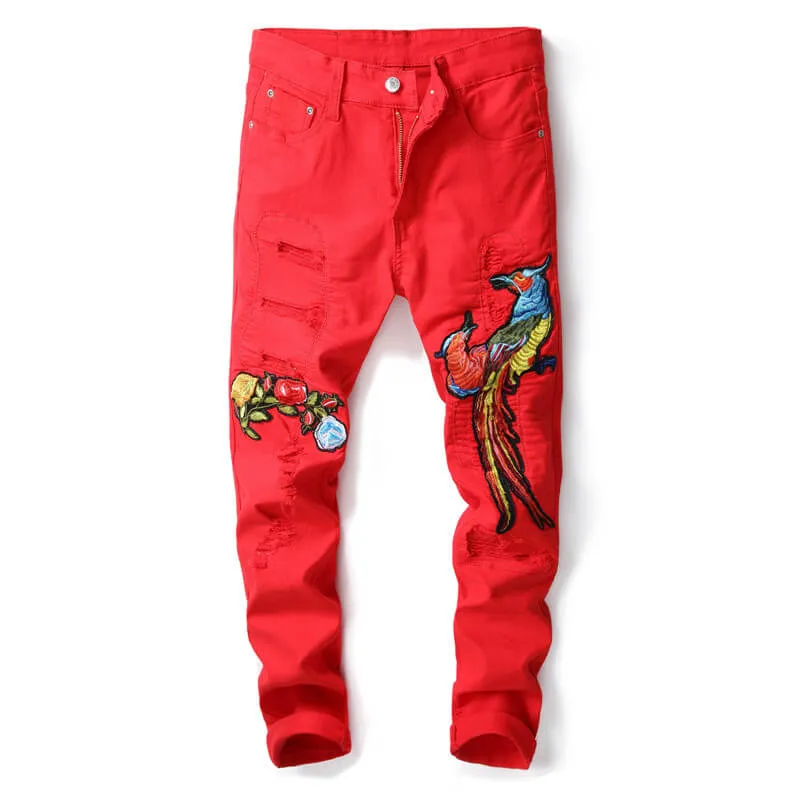 Embroidery Phoenix Men's Ripped Jeans Mid Waisted Pencil Pants