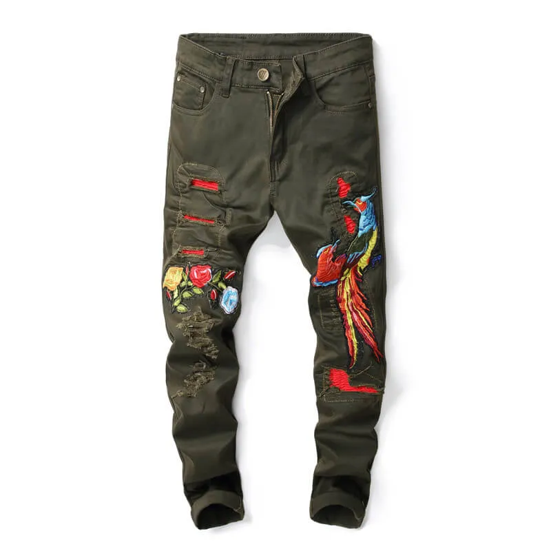 Embroidery Phoenix Men's Ripped Jeans Mid Waisted Pencil Pants