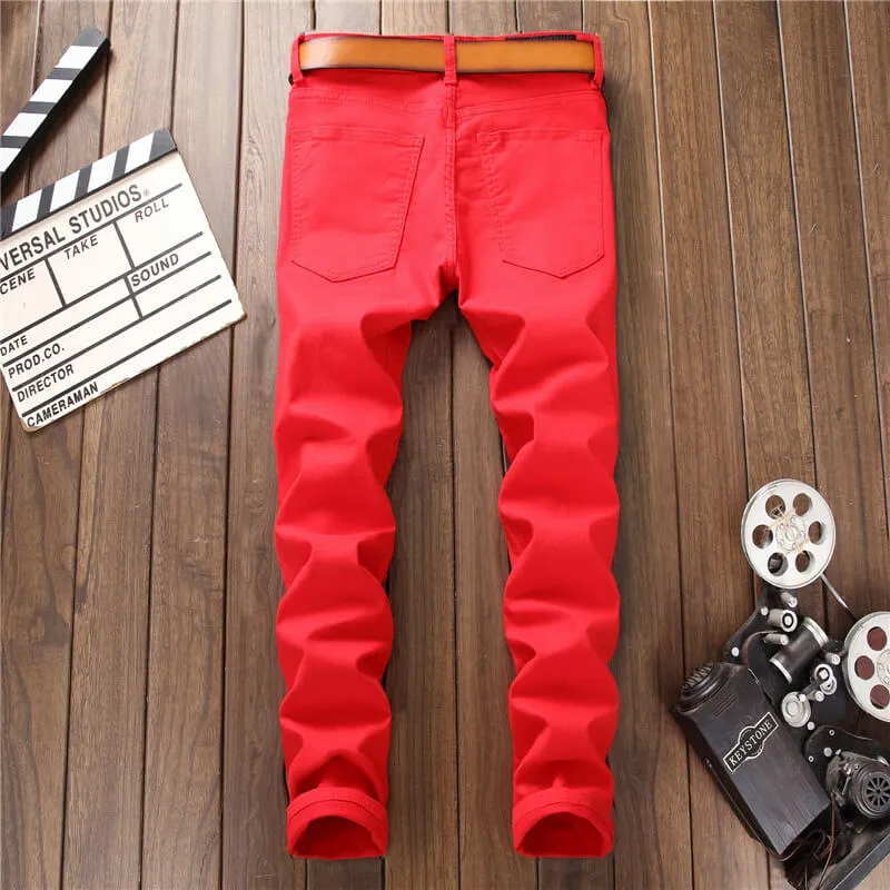 Embroidery Phoenix Men's Ripped Jeans Mid Waisted Pencil Pants