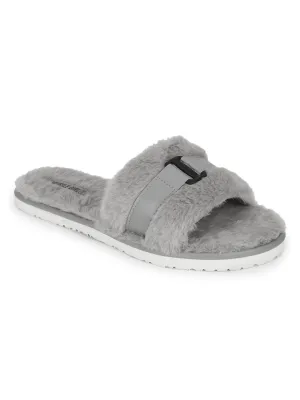 Grey Fuzzy Fur Slip Ons With Buckle (TC-ST-1167-GRY)