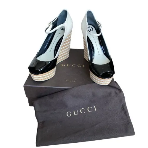 GUCCI White , Black Patent Leather Cork Mary Jane Wedge Cork Sandals, Size 40