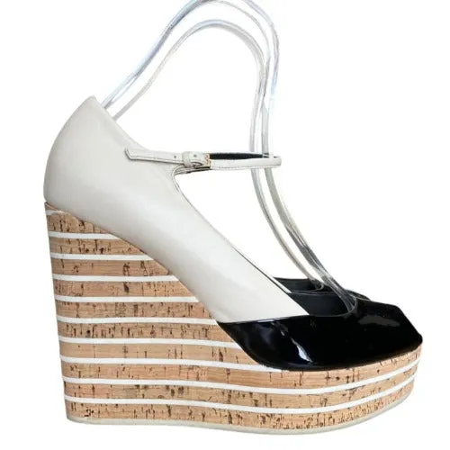 GUCCI White , Black Patent Leather Cork Mary Jane Wedge Cork Sandals, Size 40