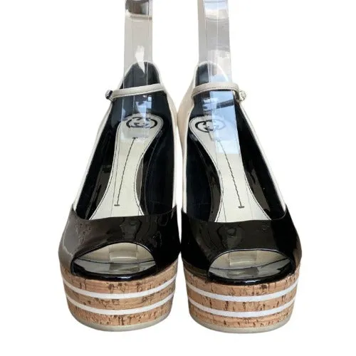 GUCCI White , Black Patent Leather Cork Mary Jane Wedge Cork Sandals, Size 40