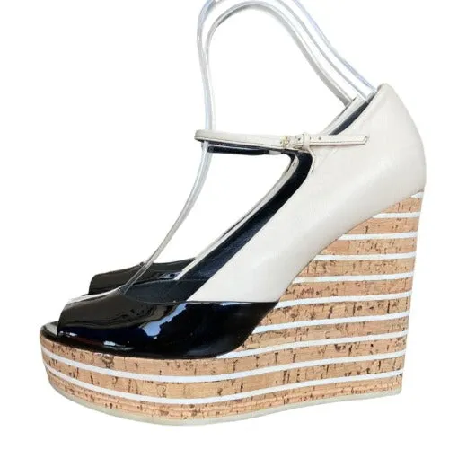 GUCCI White , Black Patent Leather Cork Mary Jane Wedge Cork Sandals, Size 40