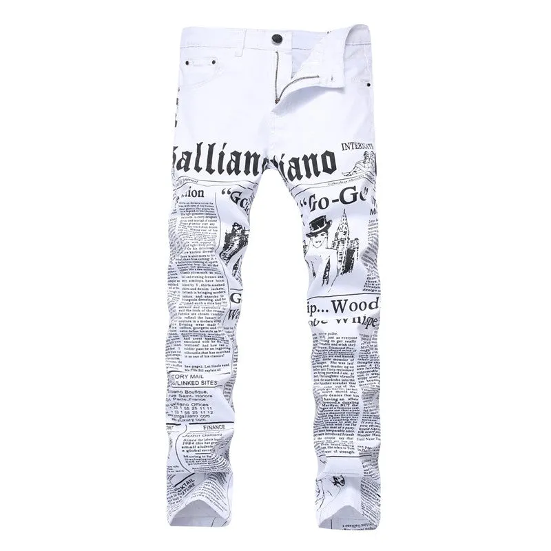 Letter Printed Men's Jeans White Mid Waist Streetwear Jeans