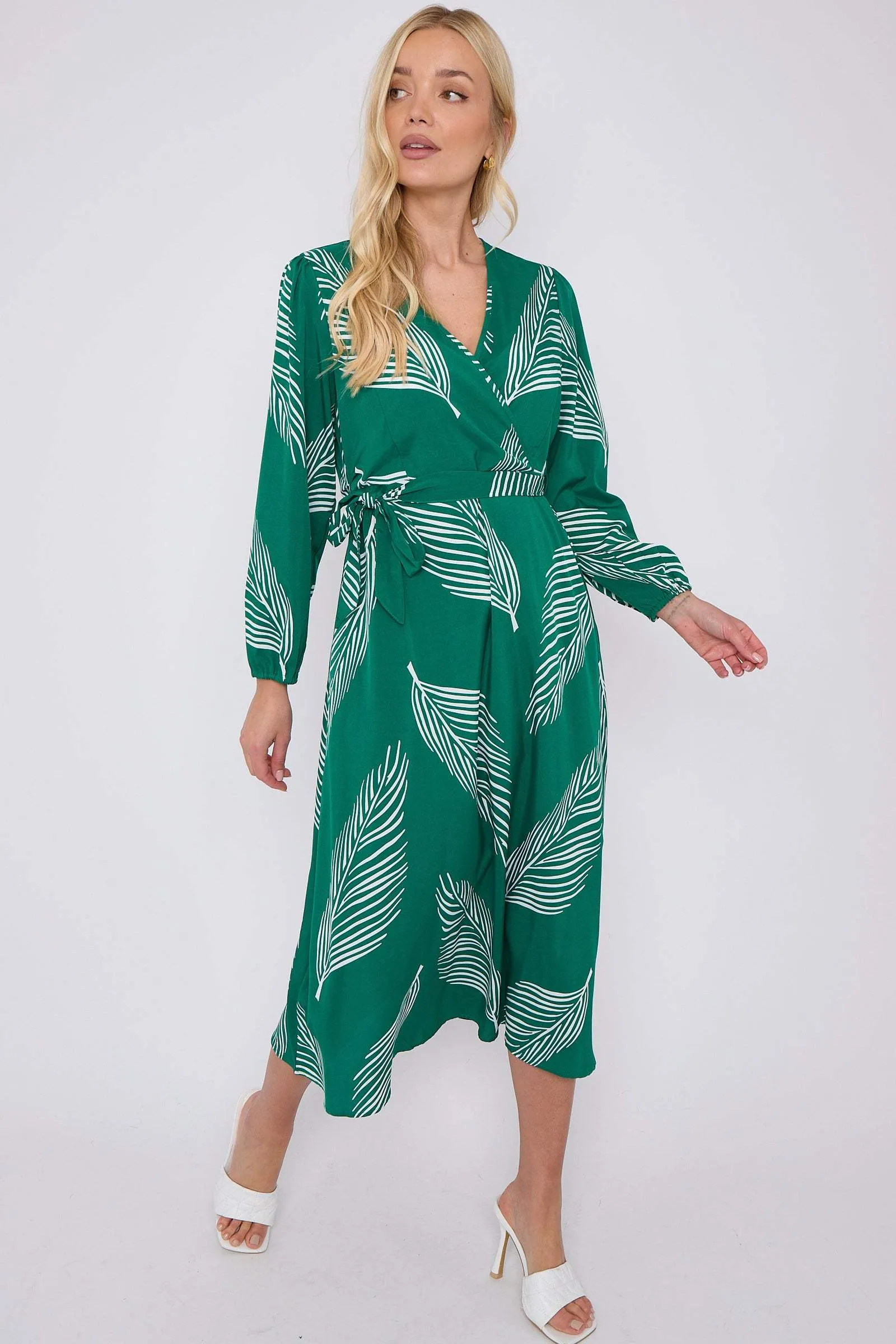 LOVE SUNSHINE Green Plam Leaf Printed V Neck Midi Dress