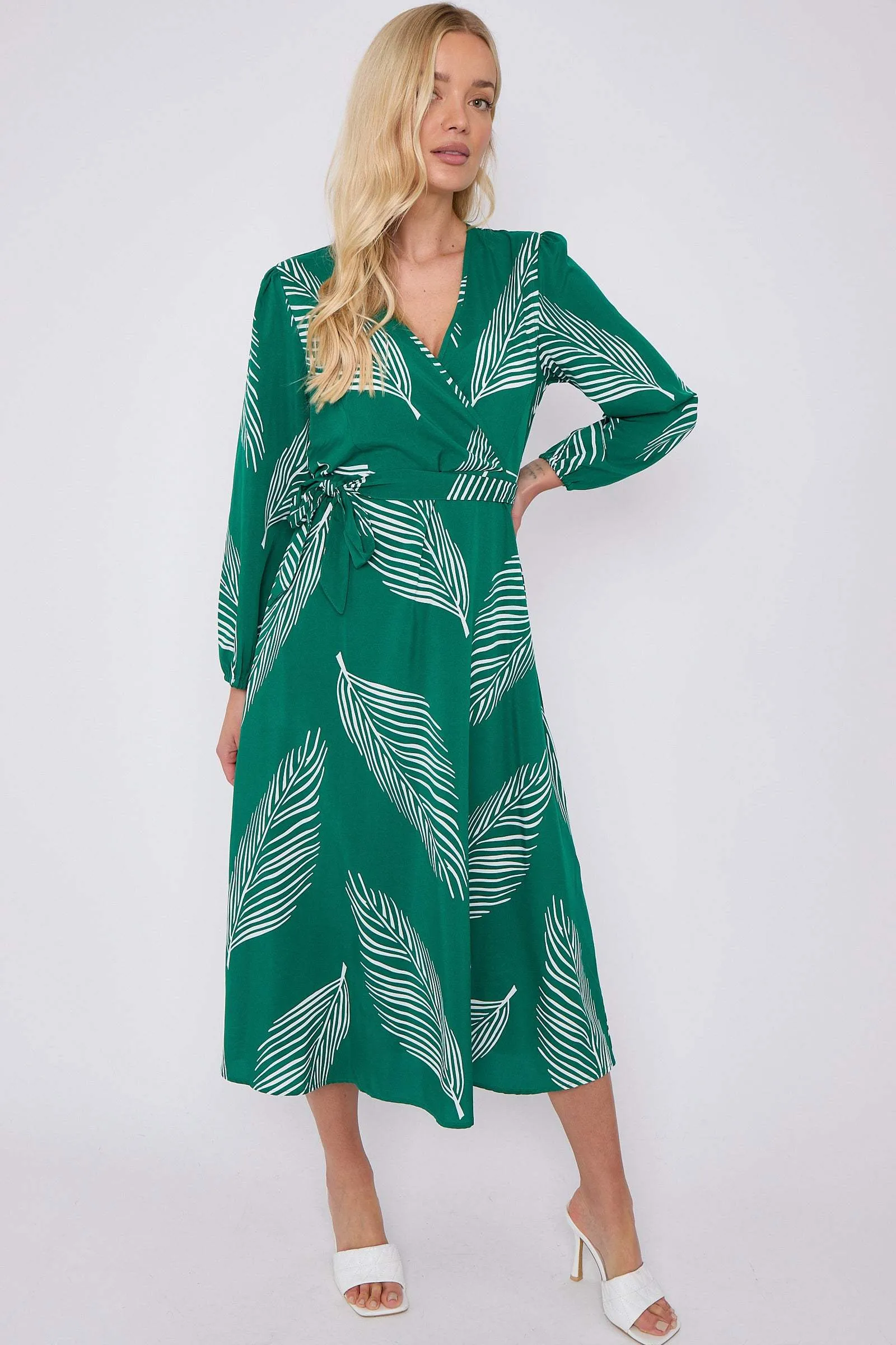 LOVE SUNSHINE Green Plam Leaf Printed V Neck Midi Dress