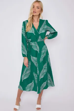 LOVE SUNSHINE Green Plam Leaf Printed V Neck Midi Dress