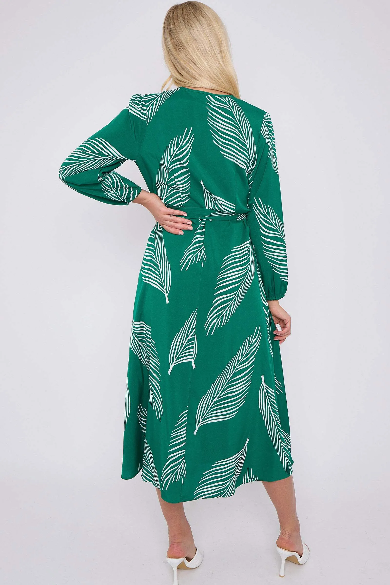 LOVE SUNSHINE Green Plam Leaf Printed V Neck Midi Dress