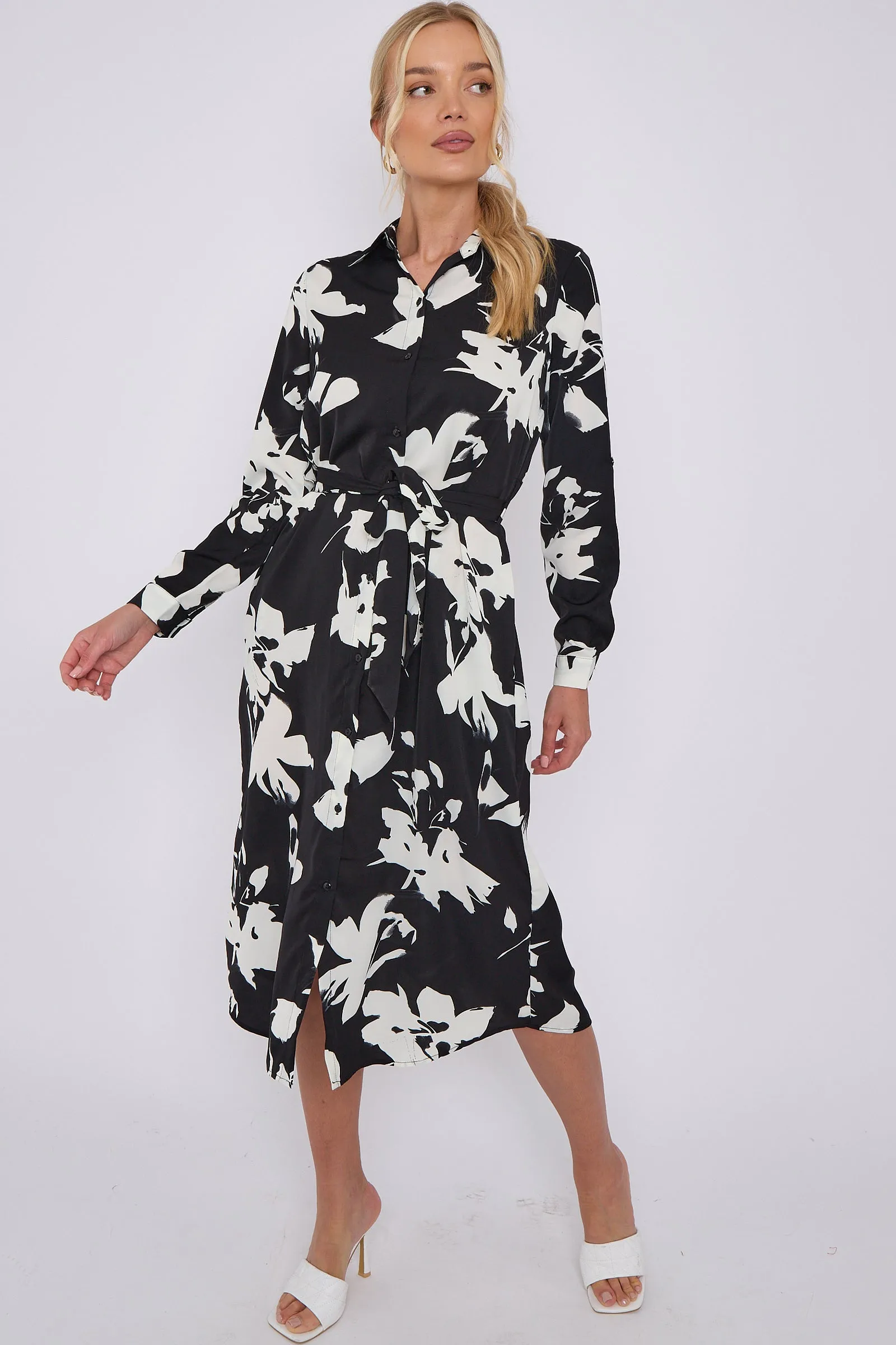 LOVE SUNSHINE Mono Floral Print Midi Shirt Dress