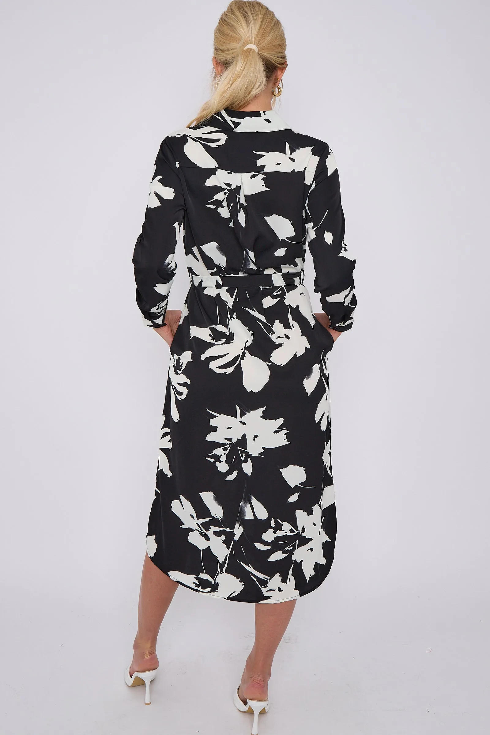 LOVE SUNSHINE Mono Floral Print Midi Shirt Dress