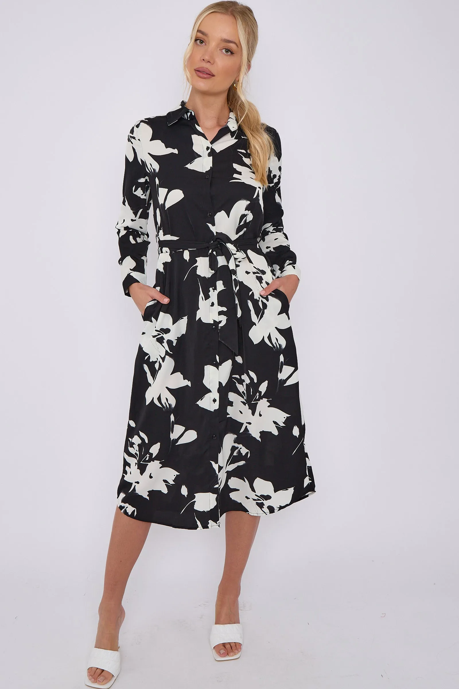 LOVE SUNSHINE Mono Floral Print Midi Shirt Dress