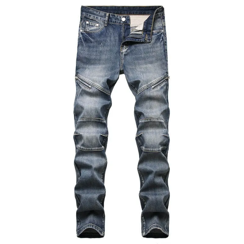 Men's Nostalgic Jeans Zipper Mid Waisted Jeans Straight Pants