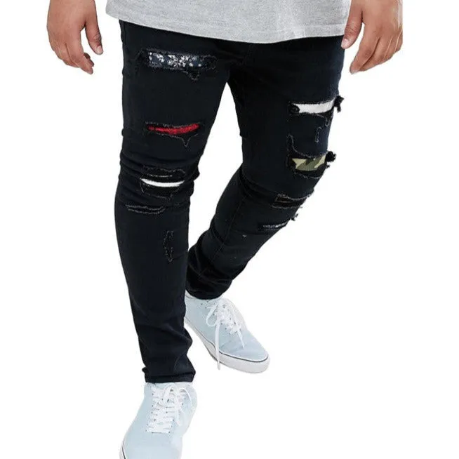 Men's Ripped Fashion Patched Jeans Elasticity Straight Pants