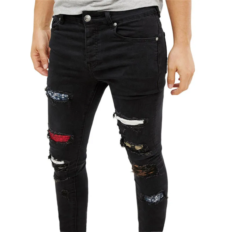 Men's Ripped Fashion Patched Jeans Elasticity Straight Pants