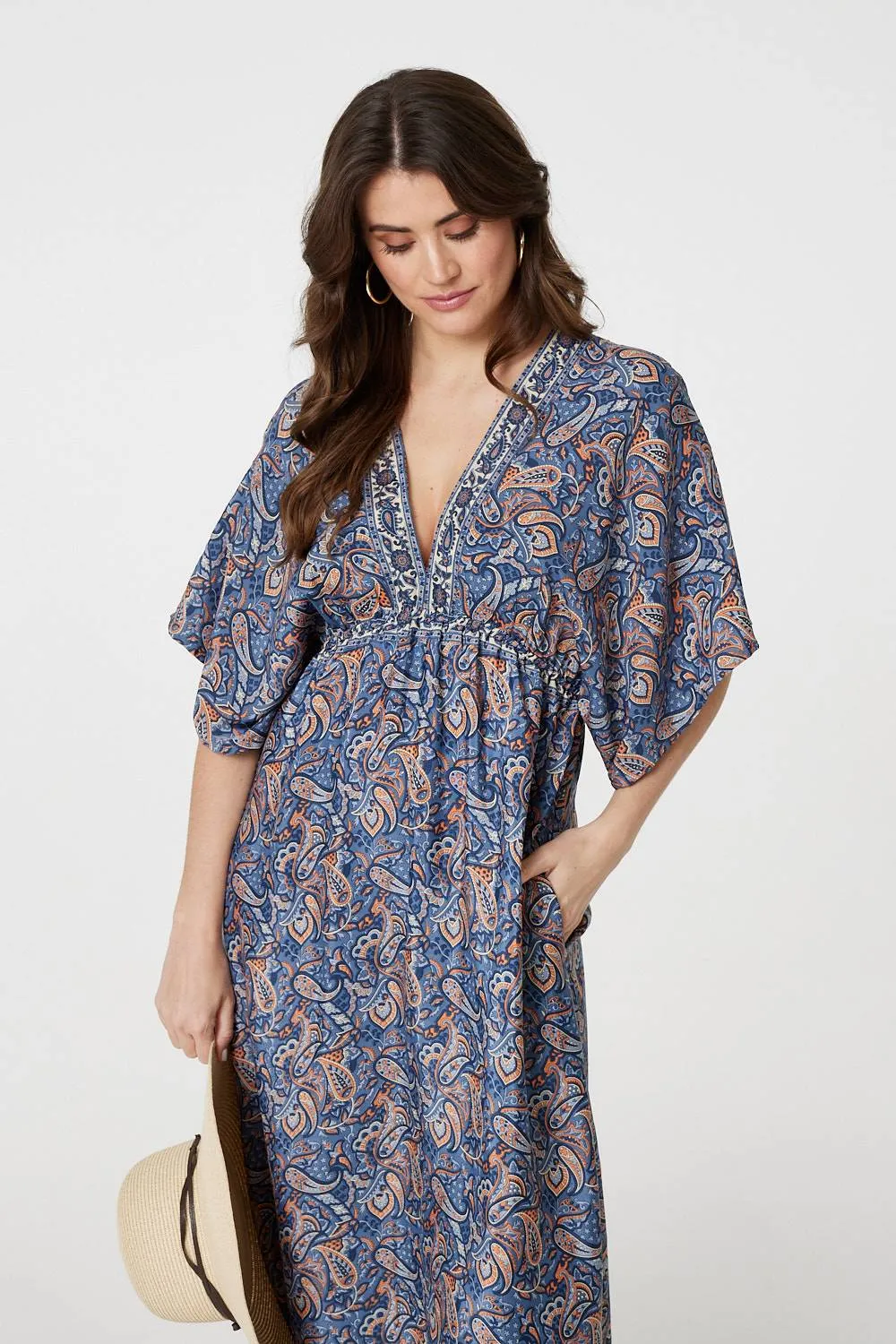 Paisley Print Kimono Sleeve Midi Dress