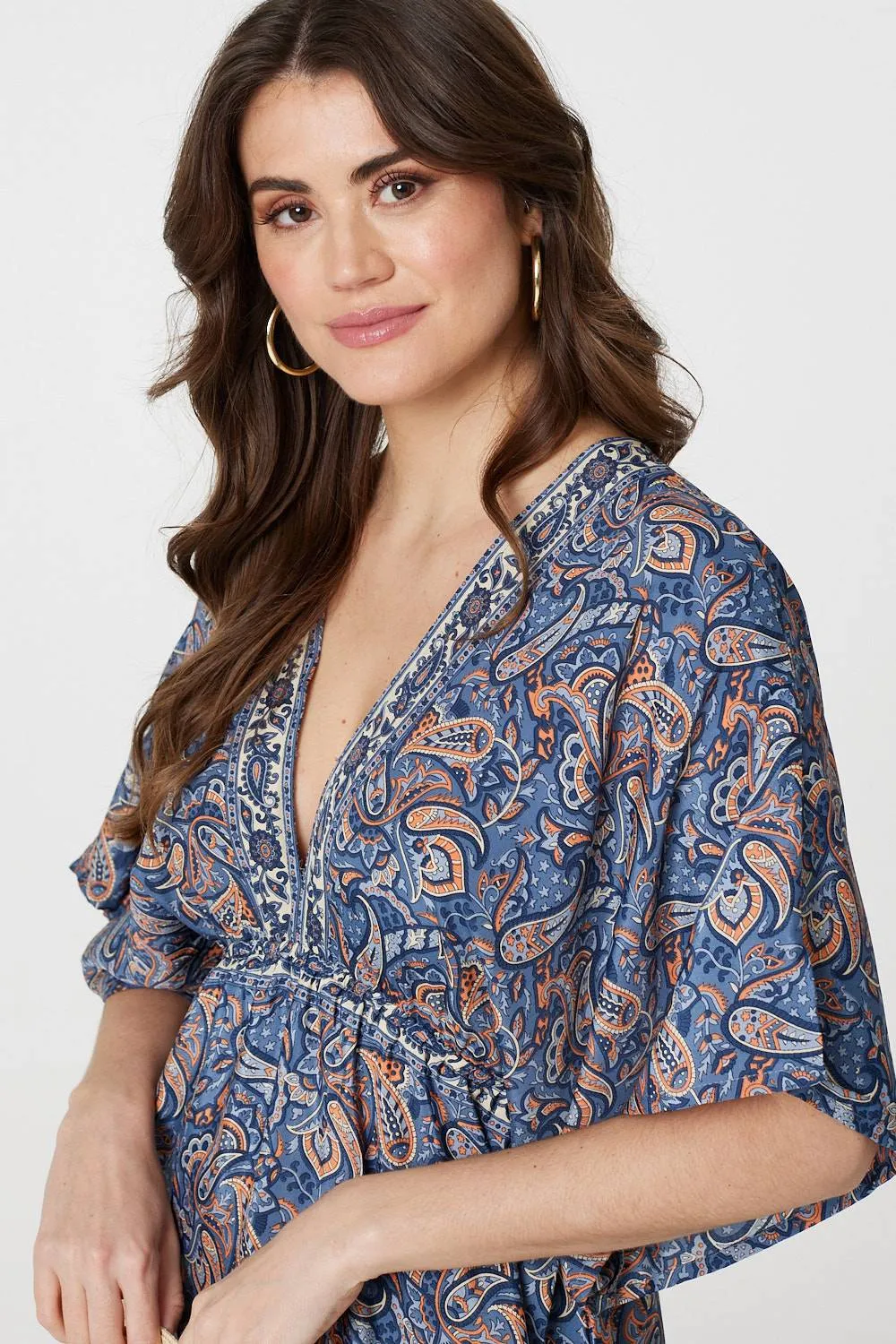 Paisley Print Kimono Sleeve Midi Dress