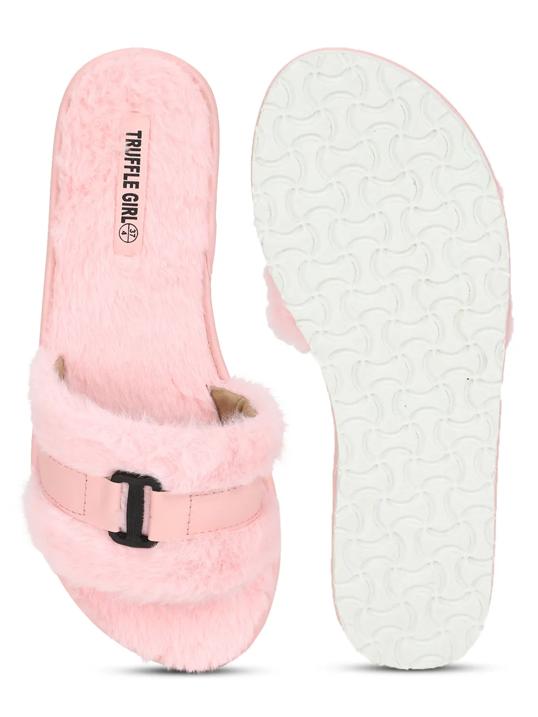 Pink Fuzzy Fur Slip Ons With Buckle (TC-ST-1167-PNK)