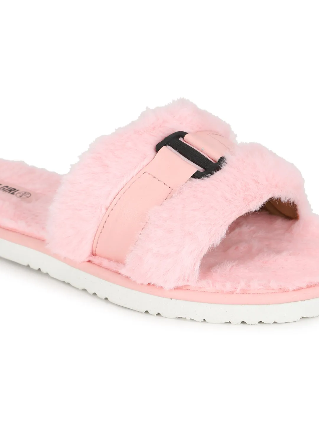 Pink Fuzzy Fur Slip Ons With Buckle (TC-ST-1167-PNK)