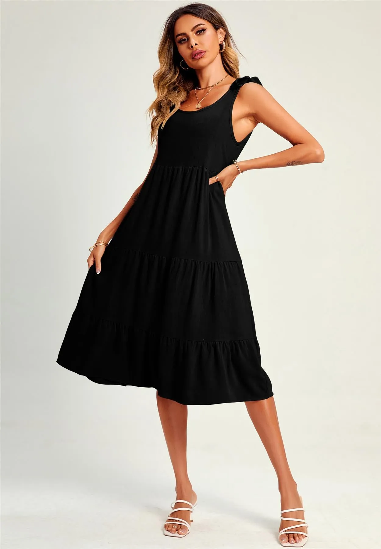 Relaxed Linen Self Tie Shoulder Tiered Midi Dress In Black