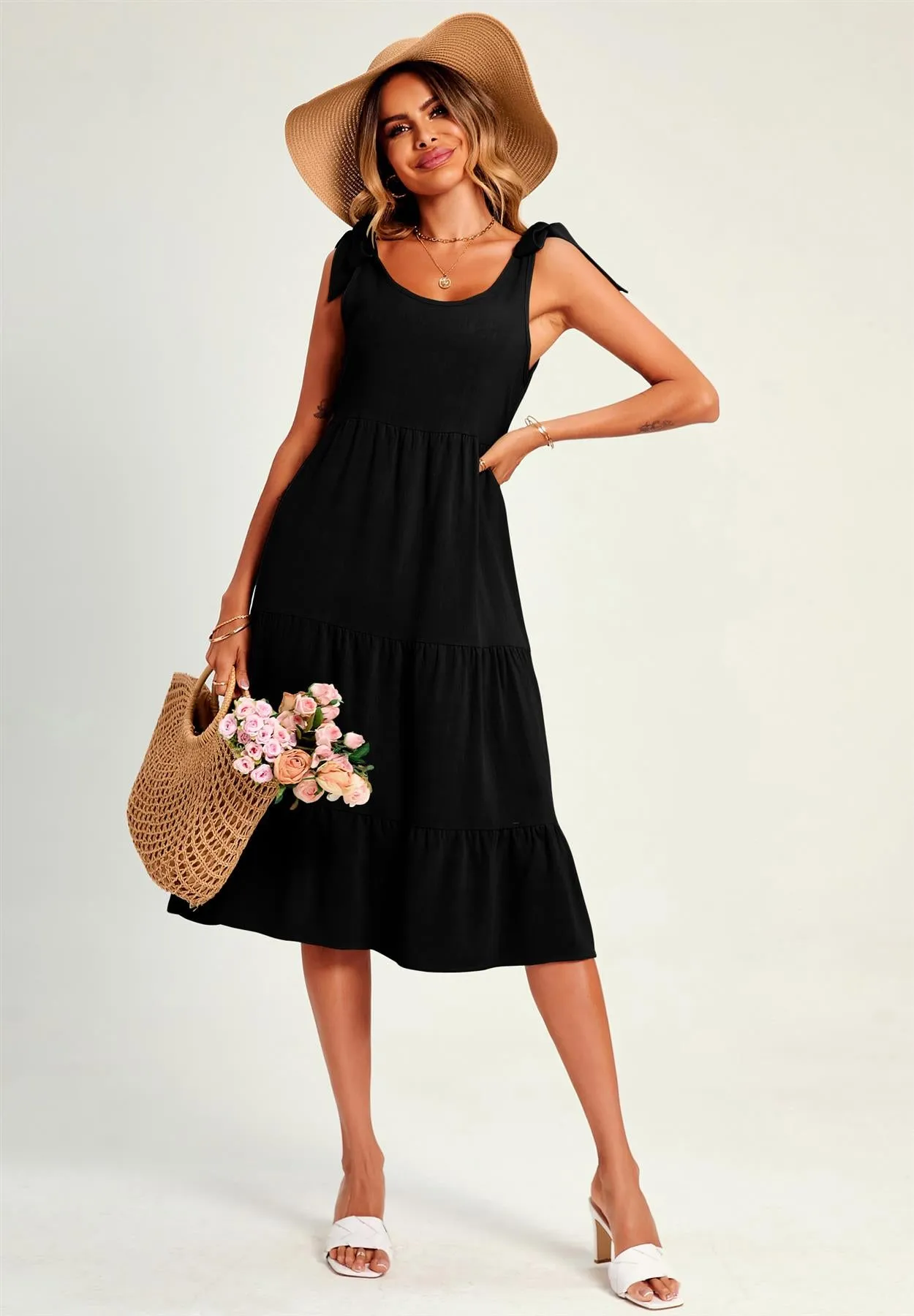 Relaxed Linen Self Tie Shoulder Tiered Midi Dress In Black