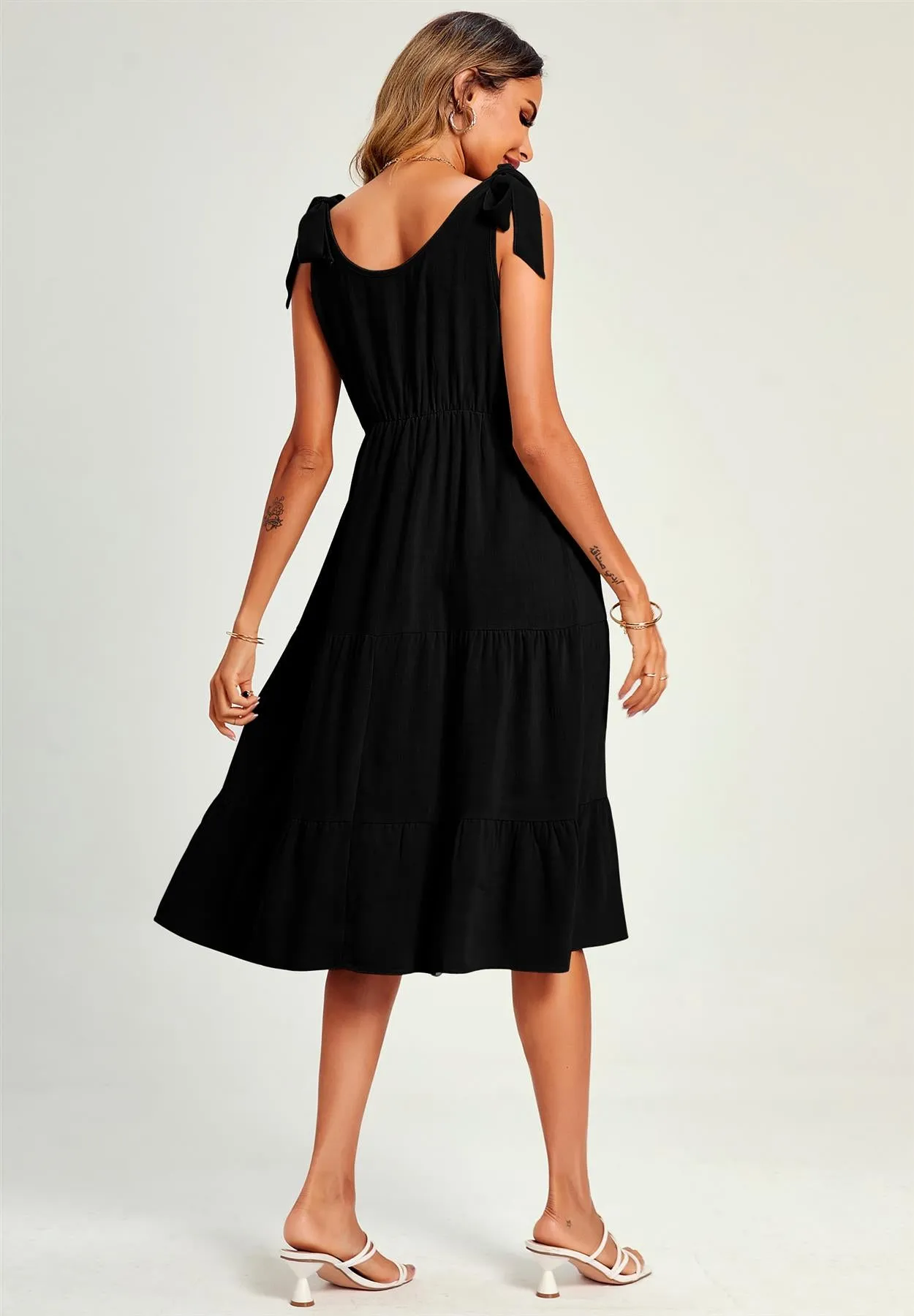 Relaxed Linen Self Tie Shoulder Tiered Midi Dress In Black