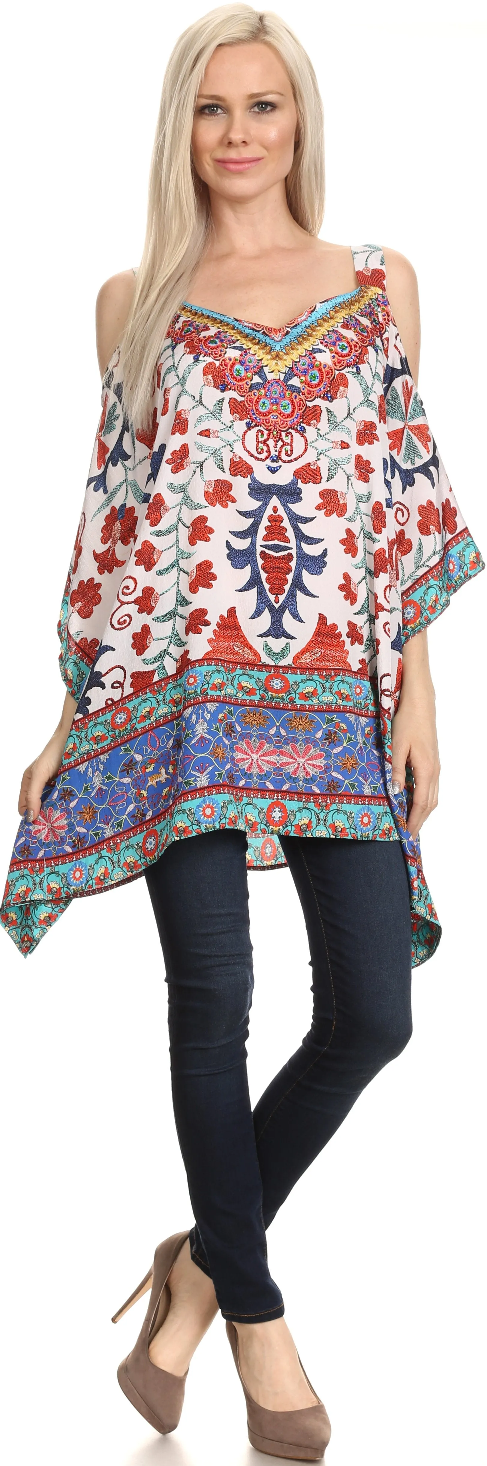 Sakkas Anya Printed Draped Short Sleeve Strap Cutout Shoulder V-Neck Kaftan Top