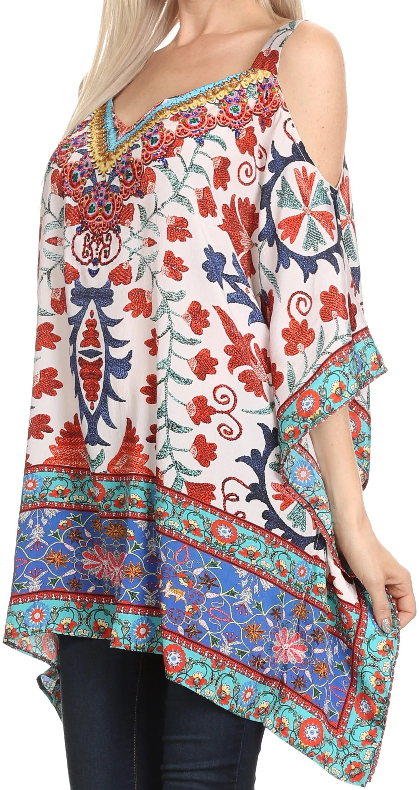 Sakkas Anya Printed Draped Short Sleeve Strap Cutout Shoulder V-Neck Kaftan Top