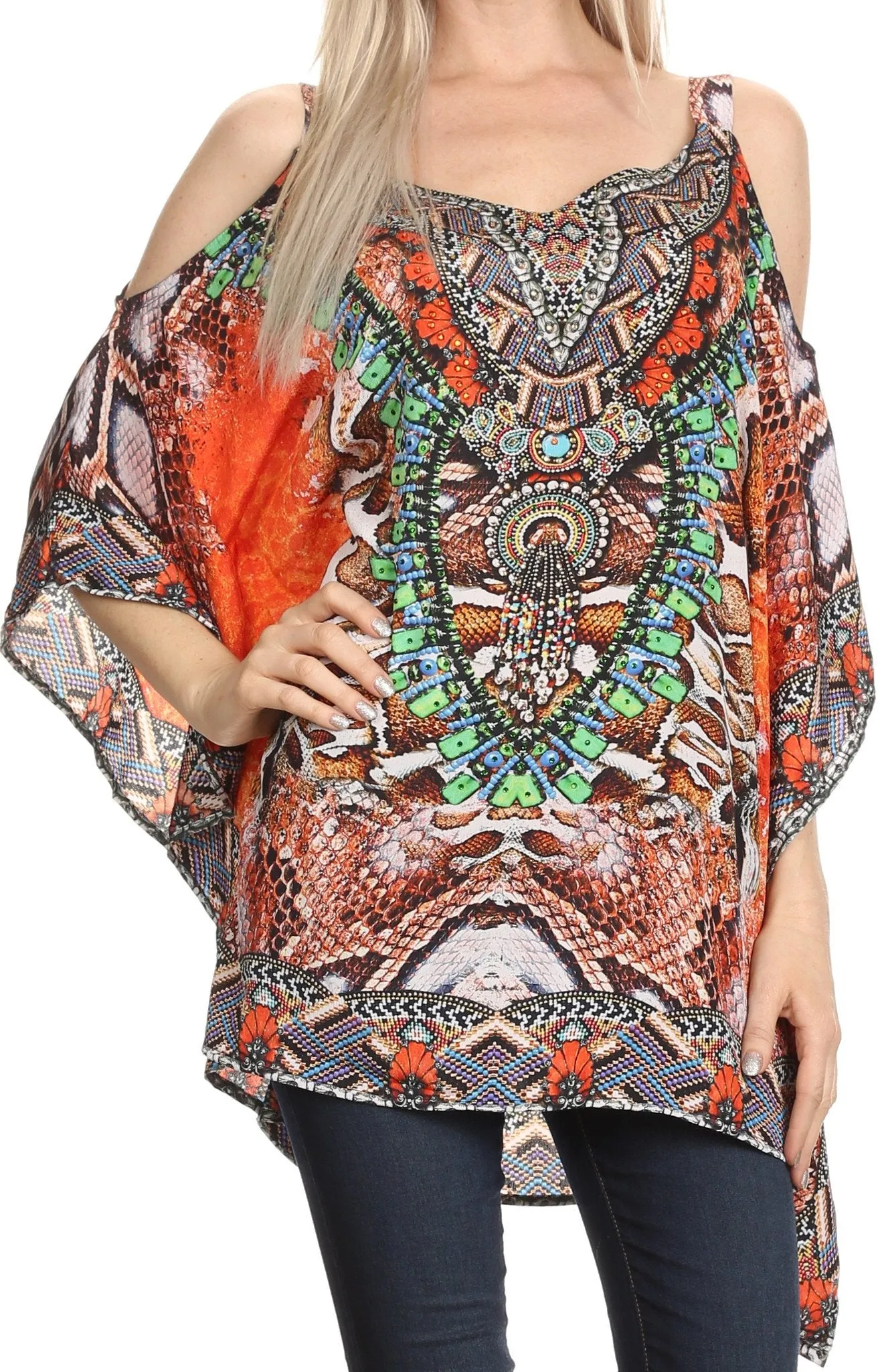 Sakkas Anya Printed Draped Short Sleeve Strap Cutout Shoulder V-Neck Kaftan Top