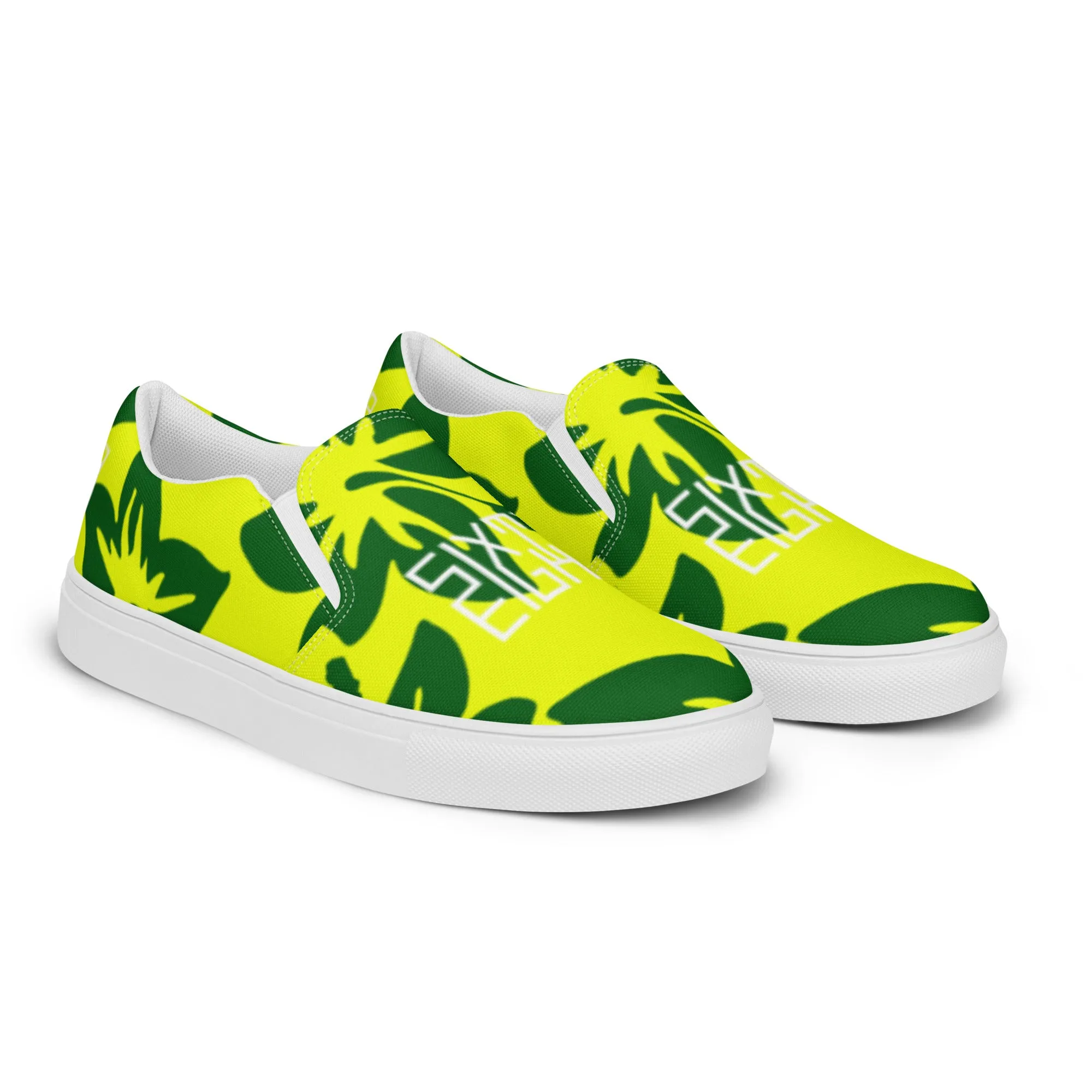 Sixty Eight 93 Logo White Hibiscus Forest Green & Yellow Women's Slip On Shoes