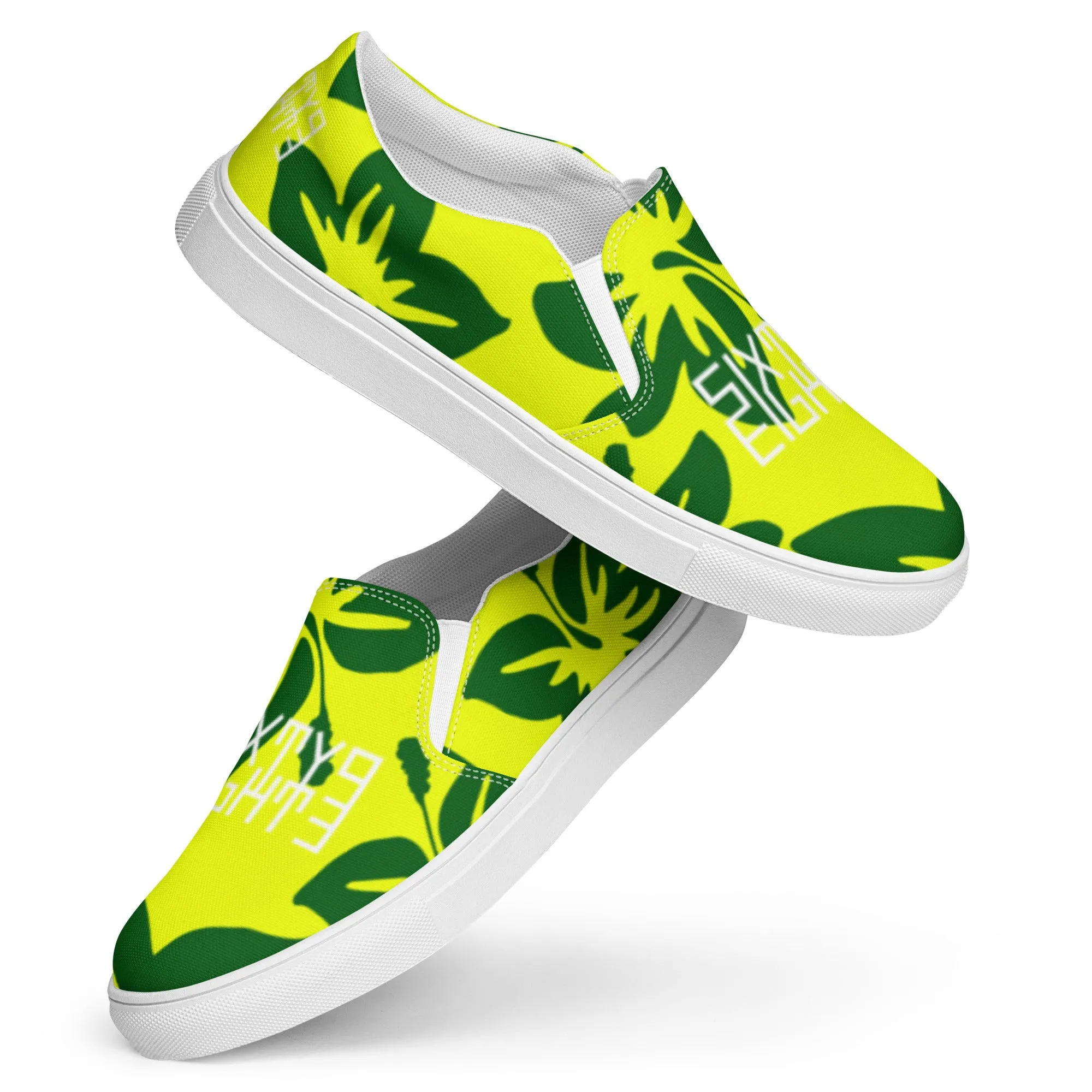 Sixty Eight 93 Logo White Hibiscus Forest Green & Yellow Women's Slip On Shoes