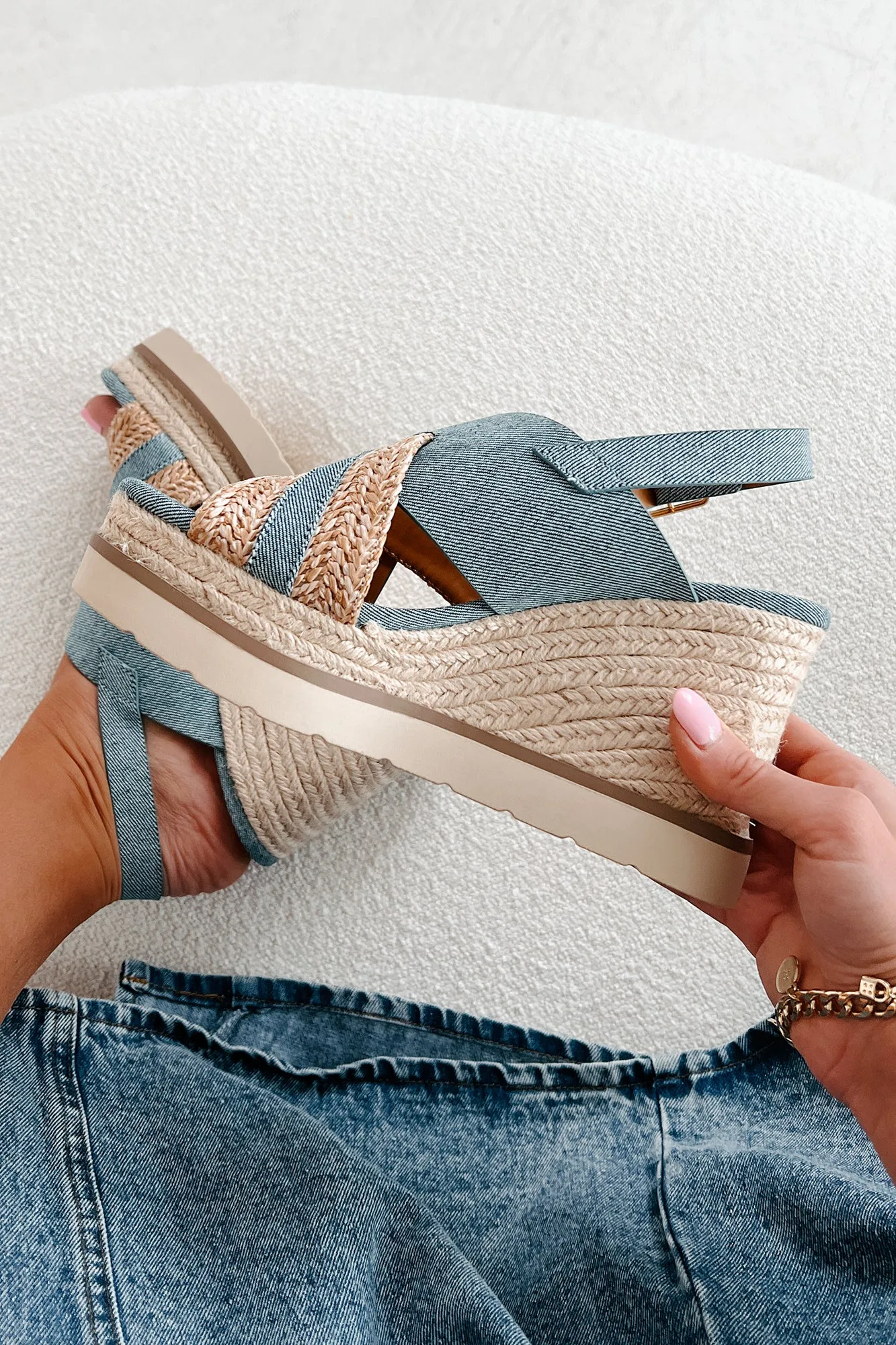 Slice Of Paradise Platform Wedge Heeled Sandal (Denim/Raffia)